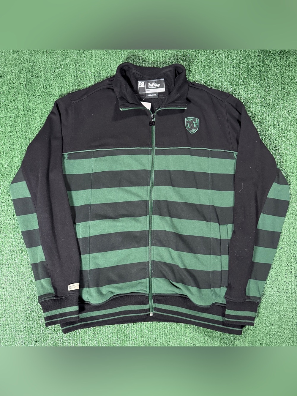 Y2K DC Shoes Full Zip Track Jacket Size Large Green Black Striped Sweatshirt